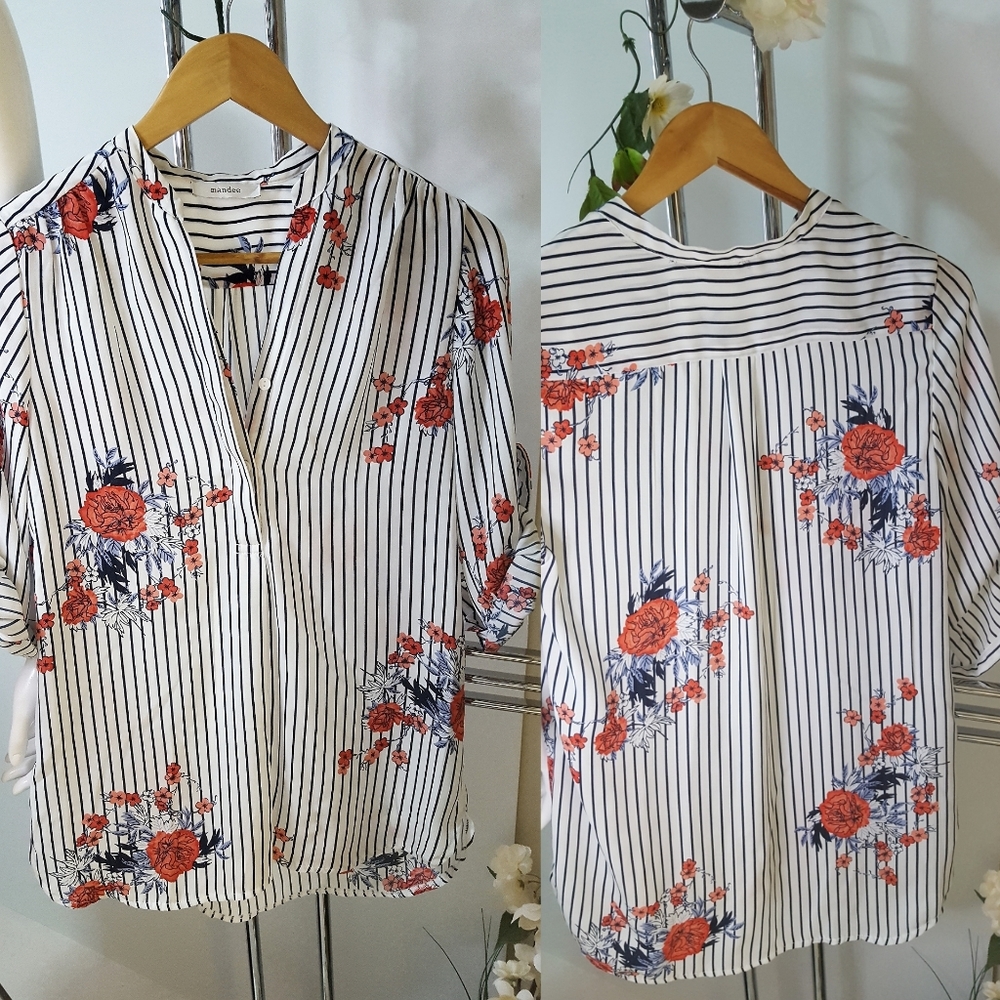 Mandee Vintage Floral Striped 3/4 Sleeve Chiffon Top - Picture 7 of 12